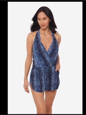Magicsuit Blue Patterned Halter One-Piece Swim Romper